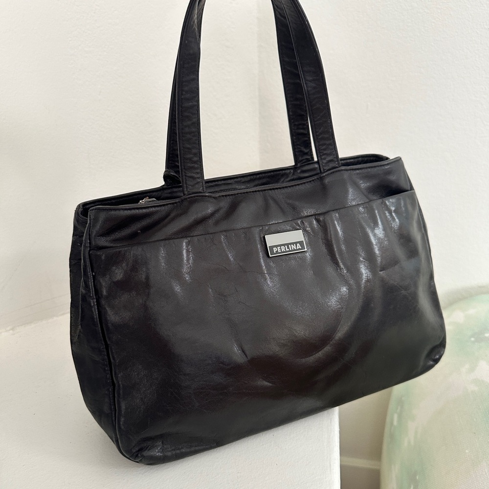 PERLINA 🖤 Supple Leather Black Tote vintage handbag 90s Y2K EUC